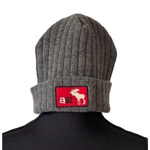 Vintage Abercrombie & Fitch Beanie Hat Wool Blend Gray Red Y2K Logo Preppy Gorp